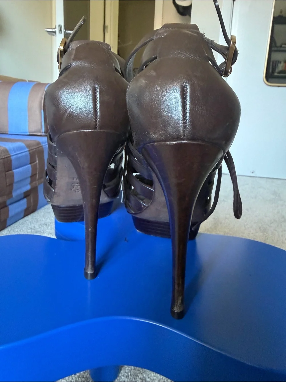 Tory Burch Dark Brown Strappy Gladiator Heels with Gold Accents